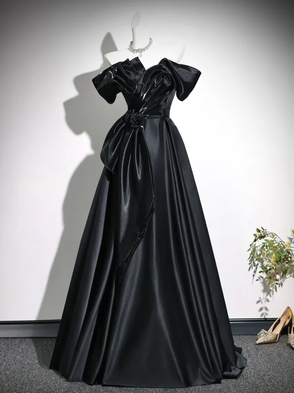 Elegant Black Bow Prom Dresses 2026 Ball Gown Off-The-Shoulder Short Sleeve Backless Floor-Length / Long Formal Dresses