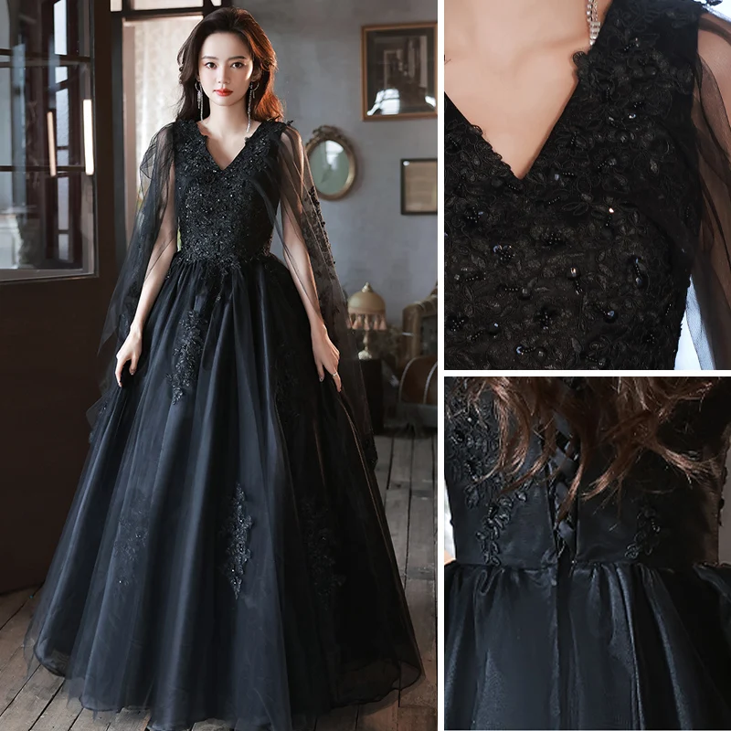 Long Sleeve Ball Gown Black Prom Dress Gothic Chic Beautiful Black Prom  Dresses 2022 A-Line