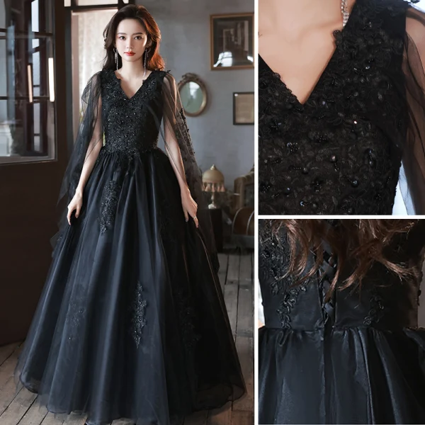 Gothique Chic / Belle Noire Robe De Bal 2022 Princesse V-Cou Perlage En Dentelle Fleur Sans Manches Dos Nu Longue Robe De Ceremonie