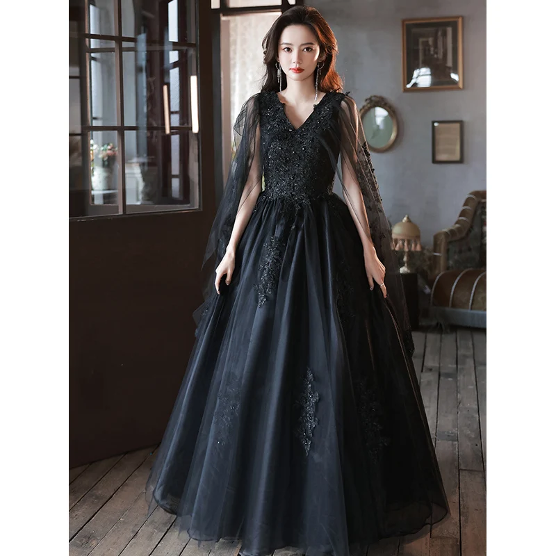 Gothic Chic Beautiful Black Prom Dresses 2022 A-Line Princess V-Neck Beading Lace Flower Gothic Chic Beautiful Black Prom Dresses 2022 A-Line Princess V-Neck Beading Lace Flower