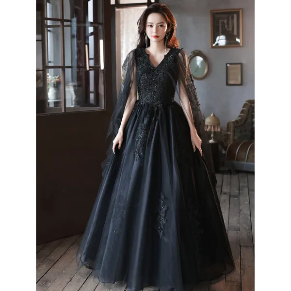 Gothic Chic / Beautiful Black Prom Dresses 2022 A-Line / Princess V-Neck Beading Lace Flower Sleeveless Backless Floor-Length / Long Formal Dresses