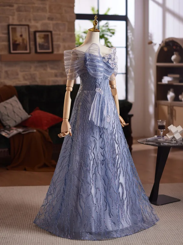 Sparkly Ocean Blue Glitter Sequins Prom Dresses 2025 A-Line / Princess Off-The-Shoulder Short Sleeve Backless Floor-Length / Long Prom Formal Dresses