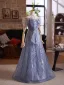 Sparkly Ocean Blue Glitter Sequins Prom Dresses 2025 A-Line / Princess Off-The-Shoulder Short Sleeve Backless Floor-Length / Long Prom Formal Dresses