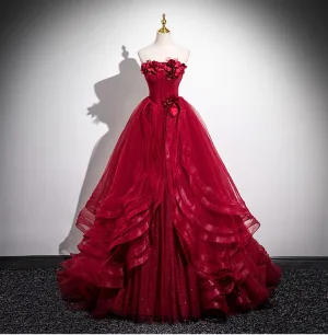 Chic Belle Bordeaux Appliques Volants En Cascade Robe De Bal 2025 Robe Boule Bustier Sans Manches Dos Nu Longue Promo Robe De Ceremonie
