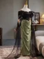 Fashion Army Green Prom Dresses 2024 Ball Gown Off-The-Shoulder Short Sleeve Backless Floor-Length / Long Prom Formal Dresses
