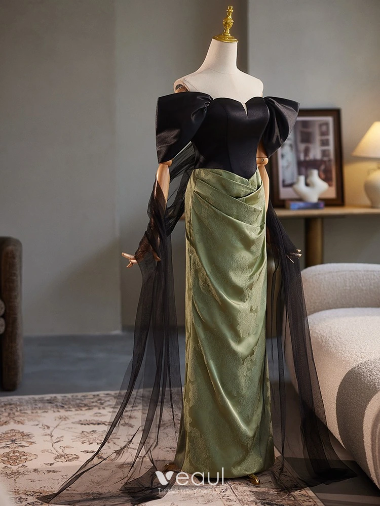 Fashion Army Green Prom Dresses 2024 Ball Gown Off-The-Shoulder Short Sleeve Backless Floor-Length / Long Prom Formal Dresses Fashion Army Green Prom Dresses 2024 Ball Gown Off-The-Shoulder Short Sleeve Backless Floor-Length / Long Prom Formal Dresses