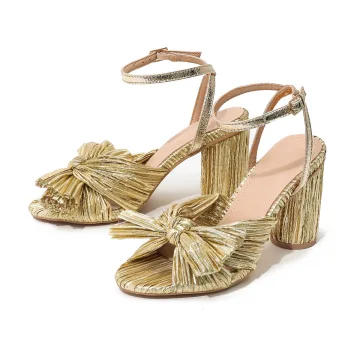 Vintage Goud Strik Straatkleding Sandalen Dames 2022 Enkelband 6 Cm Dikke Hak Peep Toe Sandalen Hoge Hakken