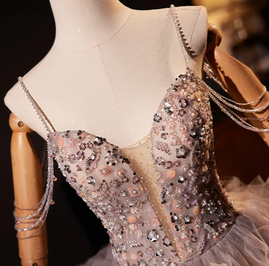 High-end Grey Beading Pearl Sequins Cascading Ruffles Prom Dresses 2024 Ball Gown Spaghetti Straps Sleeveless Backless Floor-Length / Long Prom Formal Dresses