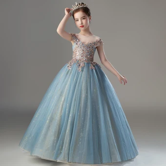 Mode Bleu Ciel Perlage Paillettes Robe Ceremonie Fille 2022 Anniversaire Robe Boule Encolure Dégagée Sans Manches Dos Nu Longue