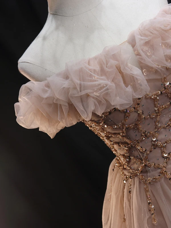 Charming Champagne Beading Sequins Evening Dresses 2022 A-Line / Princess Ruffle Off-The-Shoulder Sleeveless Backless Floor-Length / Long Formal Dresses