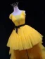 Unusual Yellow Cascading Ruffles Prom Dresses 2024 Ball Gown Scoop Neck Sleeveless Backless Bow Sash Court Train Prom Formal Dresses