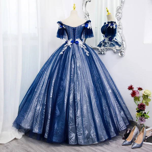 Elegant Royal Blue Beading Appliques Sequins Prom Dresses 2022 Ball Gown Off-The-Shoulder Short Sleeve Backless Floor-Length / Long Prom Formal Dresses