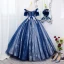 Elegant Royal Blue Beading Appliques Sequins Prom Dresses 2022 Ball Gown Off-The-Shoulder Short Sleeve Backless Floor-Length / Long Prom Formal Dresses