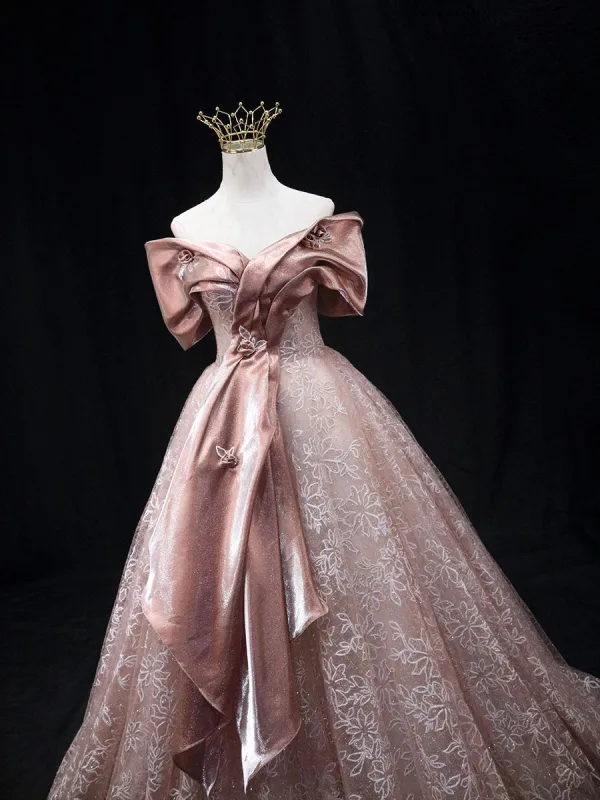 Elegant Blushing Pink Glitter Lace Flower Prom Dresses 2025 Ball Gown Off-The-Shoulder Short Sleeve Backless Floor-Length / Long Prom Formal Dresses