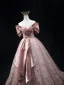Elegant Blushing Pink Glitter Lace Flower Prom Dresses 2025 Ball Gown Off-The-Shoulder Short Sleeve Backless Floor-Length / Long Prom Formal Dresses