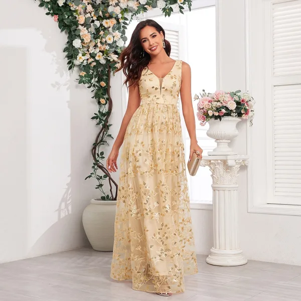 Chic / Beautiful Lace Flower Dusky Pink Prom Dresses 2024 A-Line / Princess V-Neck Sleeveless Backless Floor-Length / Long Prom Formal Dresses