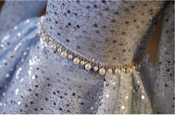 Sparkly Sky Blue Beading Pearl Rhinestone Birthday Flower Girl Dresses 2024 Ball Gown Scoop Neck 3/4 Sleeve Backless Floor-Length / Long