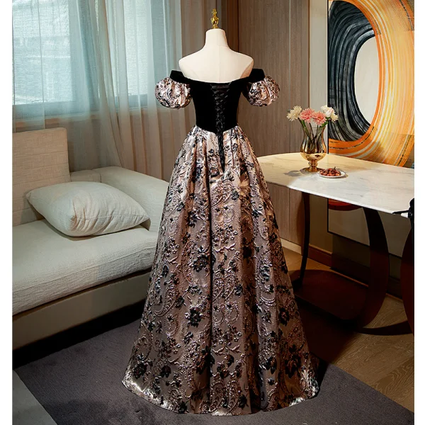 Chic / Beautiful Black Printing Prom Dresses 2022 A-Line / Princess Off-The-Shoulder Puffy Short Sleeve Backless Floor-Length / Long Formal Dresses
