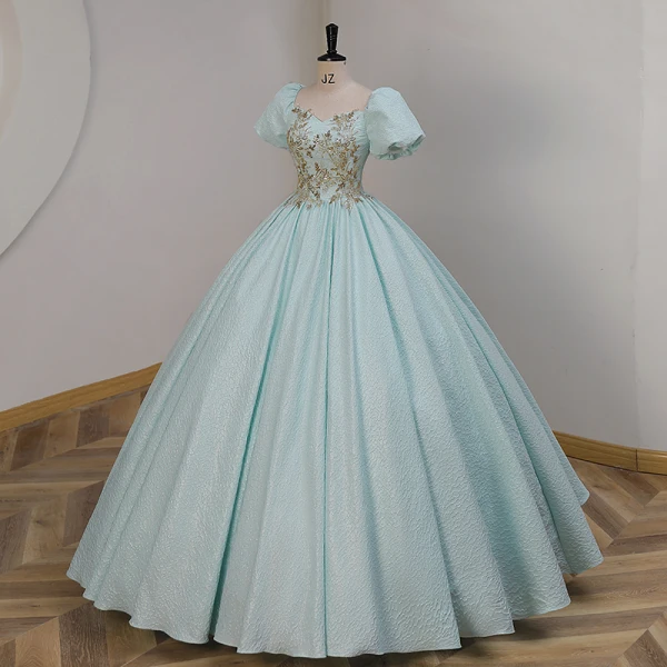 Elegant Mint Green Beading Sequins Prom Dresses 2023 Ball Gown Square Neckline Short Sleeve Backless Floor-Length / Long Prom Formal Dresses