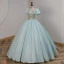 Elegant Mint Green Beading Sequins Prom Dresses 2023 Ball Gown Square Neckline Short Sleeve Backless Floor-Length / Long Prom Formal Dresses