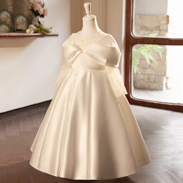 Elegant Ivory Pearl Satin Bow Birthday Flower Girl Dresses 2024 Ball Gown Scoop Neck Long Sleeve Floor-Length / Long Flower Girl Dresses