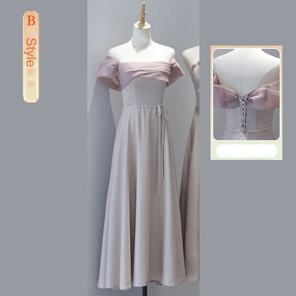Modest / Simple Blushing Pink Satin Bridesmaid Dresses 2023 A-Line / Princess Off-The-Shoulder Sleeveless Backless Pearl Bow Sash Tea-length Bridesmaid Dresses