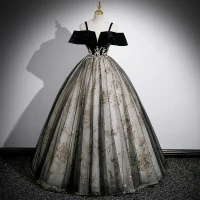 Vintage Negro Glitter Lentejuelas Vestidos de gala 2023 Ball Gown Spaghetti Straps Manga Corta Sin Espalda Largos Gala Vestidos Formales