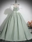 Fashion Sage Green Prom Dresses 2024 Ball Gown Square Neckline Puffy Short Sleeve Backless Bow Sash Floor-Length / Long Prom Formal Dresses