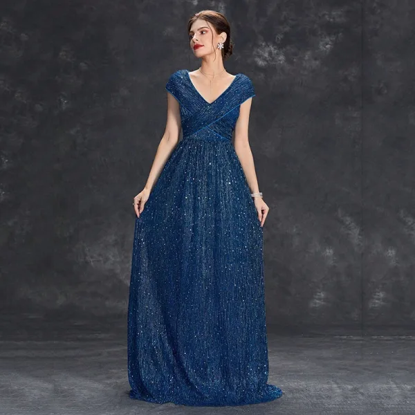 Sparkly Navy Blue Sequins Evening Dresses 2025 A-Line / Princess V-Neck Sleeveless Floor-Length / Long Evening Party Formal Dresses