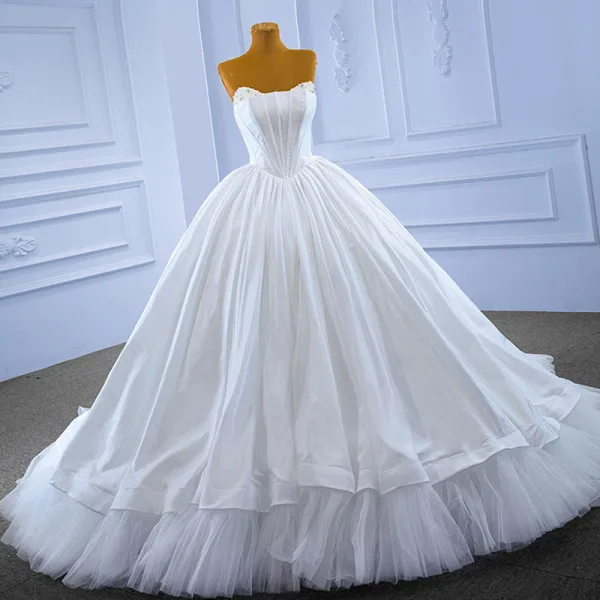 High-end White Pearl Wedding Dresses 2022 Ball Gown Strapless Sleeveless Backless Court Train Wedding