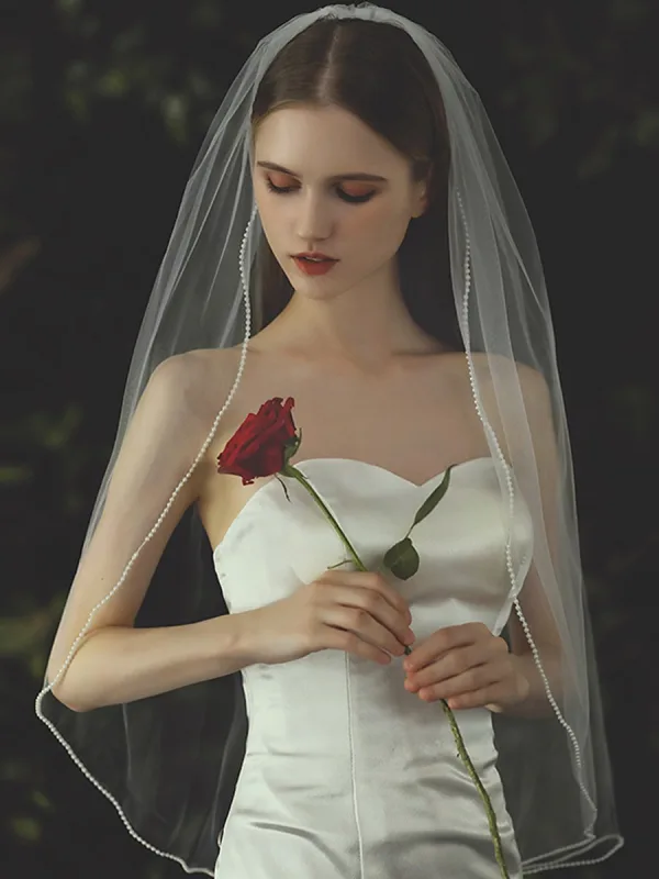 Modest / Simple White Handmade  Pearl Bridal 1 m Wedding Veils 2025 Tulle