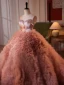Charmant Rougissant Rose Volants Robe De Bal 2024 Robe Boule Bustier Sans Manches Dos Nu Tribunal Train Promo Robe De Ceremonie