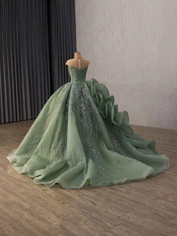 Vintage / Retro Sage Green Handmade  Beading Pearl Sequins Prom Dresses 2026 Ball Gown Scoop Neck Cap Sleeves Backless Sweep Train Formal Dresses