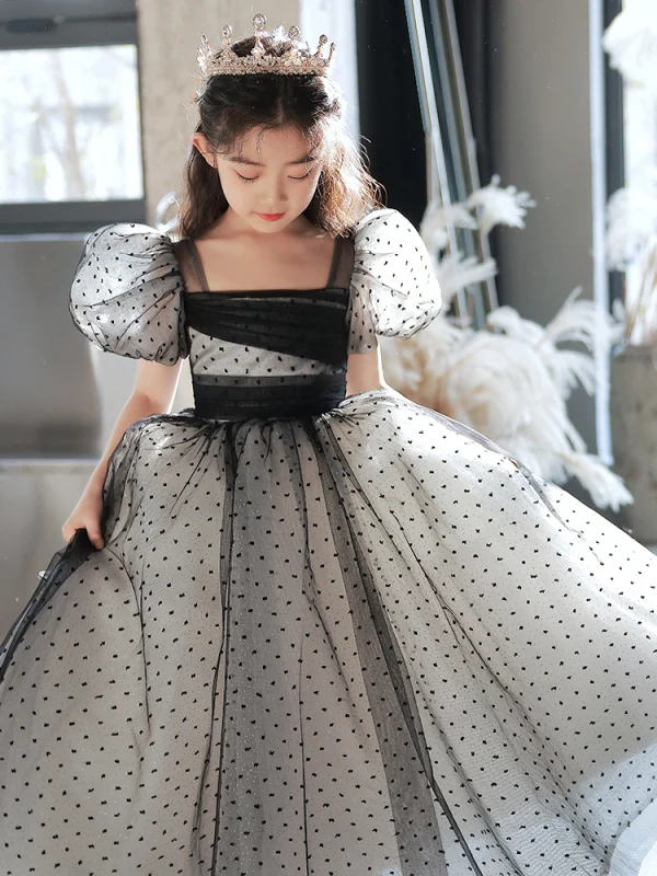 Fashion Black Spotted Evening Party Flower Girl Dresses 2022 A-Line / Princess Square Neckline Puffy Short Sleeve Floor-Length / Long Flower Girl Dresses