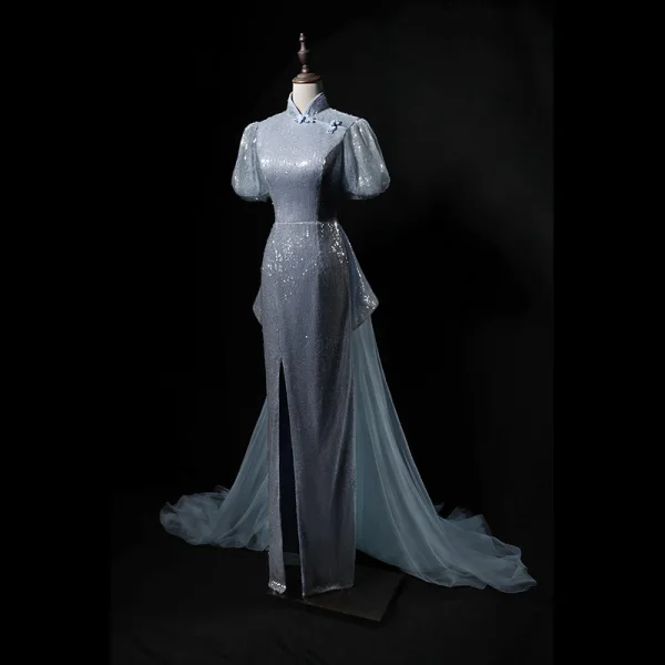 Scintillantes Bleu Ciel Fendue devant Paillettes Robe De Soirée 2024 Trompette / Sirène Col Haut Manches Courtes Longue Soirée Robe De Ceremonie
