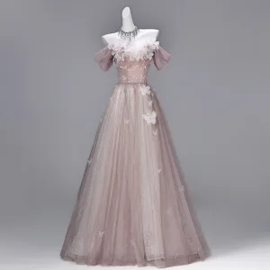 Chic Beautiful Blushing Pink Sequins Lace Flower Butterfly Appliques Prom Dresses 2026 A Line Princess Off The Shoulder Short Sleeve Backless Floor Length Long Formal Dresses