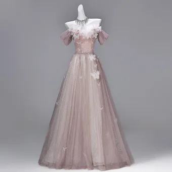 Chic Beautiful Blushing Pink Sequins Lace Flower Butterfly Appliques Prom Dresses 2026 A Line Princess Off The Shoulder Short Sleeve Backless Floor Length Long Formal Dresses