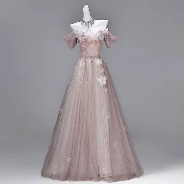 Schöne Rosa Pailletten Spitze Blumen Schmetterling Applikationen Ballkleider 2026 A Linie Off Shoulder Kurze Ärmel Rückenfreies Lange Festliche Kleider
