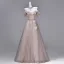 Chic / Beautiful Blushing Pink Sequins Lace Flower Butterfly Appliques Prom Dresses 2026 A-Line / Princess Off-The-Shoulder Short Sleeve Backless Floor-Length / Long Formal Dresses