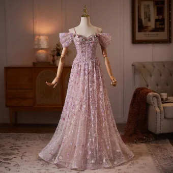 Fée Des Fleurs Rougissant Rose Perlage Faux Diamant Appliques Robe De Bal 2026 Princesse De L Épaule Manches Courtes Dos Nu Longue Robe De Ceremonie