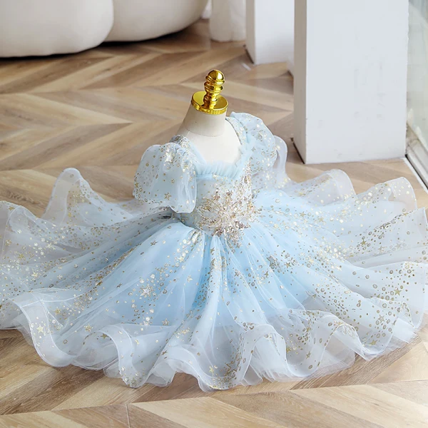 Fashion Sky Blue Star Sequins Birthday Flower Girl Dresses 2023 Ball Gown Square Neckline Short Sleeve Backless Floor-Length / Long Flower Girl Dresses