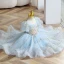 Fashion Sky Blue Star Sequins Birthday Flower Girl Dresses 2023 Ball Gown Square Neckline Short Sleeve Backless Floor-Length / Long Flower Girl Dresses