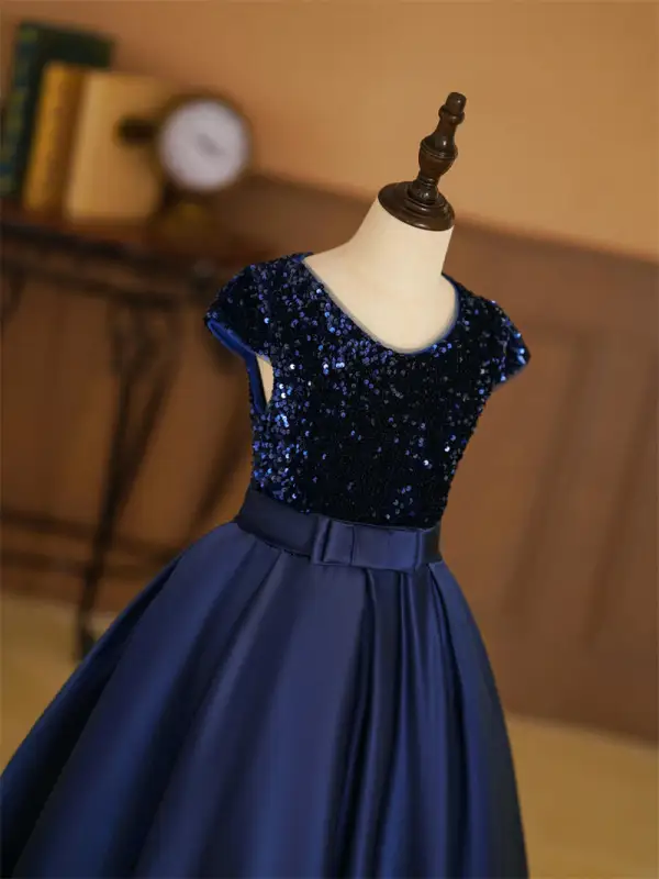 Vintage / Retro Navy Blue Sequins Birthday Flower Girl Dresses 2024 A-Line / Princess V-Neck Sleeveless Bow Sash Floor-Length / Long