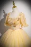 Élégant Champagne Perlage Paillettes Robe De Bal 2024 Robe Boule Encolure Carrée Manches Courtes Dos Nu Longue Promo Robe De Ceremonie