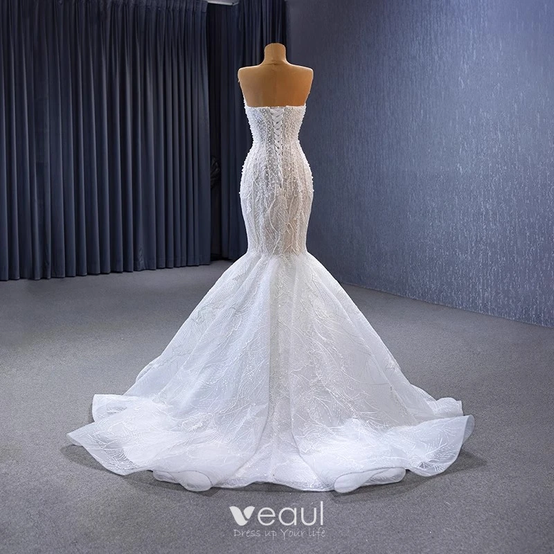 Luxury / Gorgeous Sexy White Beading Pearl Glitter Wedding Dresses 2023  Trumpet / Mermaid Strapless Sleeveless Backless Sweep Train Wedding