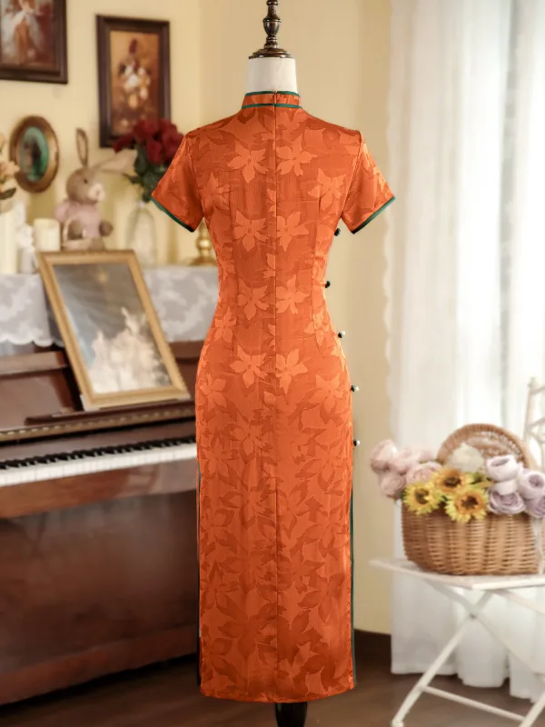 Vintage Chiński Styl Pomarańczowy Druk Długość Herbaty Podział Przodu Cheongsam 2024 Syrena / Rozkloszowane Wysokiej Szyi Kótkie Rękawy