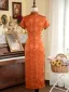 Vintage Chiński Styl Pomarańczowy Druk Długość Herbaty Podział Przodu Cheongsam 2024 Syrena / Rozkloszowane Wysokiej Szyi Kótkie Rękawy