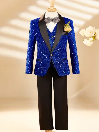 Sparkly Royal Blue Sequins Fall Winter Long Sleeve 6 Piece Boys Wedding Suits 2025 Body Jewellery Coat Pants Shirt Tie Vest