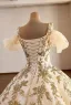 Luxury / Gorgeous Champagne Beading Lace Flower Sequins Ruffle Prom Dresses 2026 Ball Gown V-Neck Short Sleeve Backless Sweep Train Formal Dresses