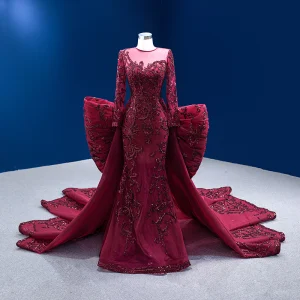 Vintage Originale Haut De Gamme Bordeaux Paillettes Robe De Soirée 2022 Trompette Sirène Encolure Dégagée Manches Longues Noeud Royal Train Promo Robe De Ceremonie